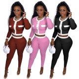 White Tape Pink Button Open Crop Top and Pant 2PCS Set