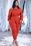 Red Long Sleeves Loose Jumpsuit with Pockets