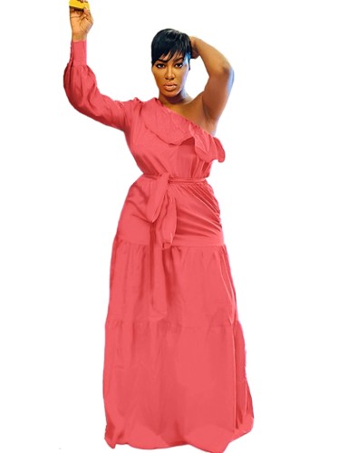 Pink Ruffle One Shoulder Single Sleeve Shirring Dress
