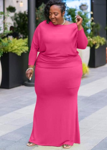 Plus Size Rose Long Sleeve O-Neck Maxi Dress