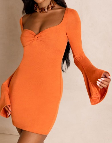 Orange Square Neck Flare Sleeve Mini Dress