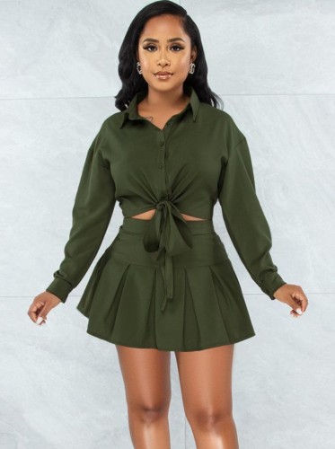 Green Knotted Blouse and Pleated Skirt 2PCS Set