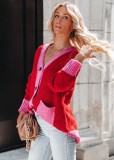 Contrast Color V-Neck Sweater Coat with Pockets