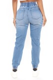 Blue High Waist Drawstrings Jeans with Pocket