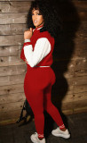 Red and White Contrast Baseball Jacket and Pants 2PCS Set