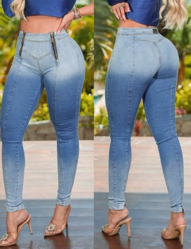 Blue Gradient Zipper  High Waist Slim Fit Jeans