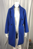 Blue Turndown Collar Double Breast Long Coat with Pocket