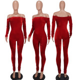 Red Velour Off Shoulder Bodycon Jumpsuit