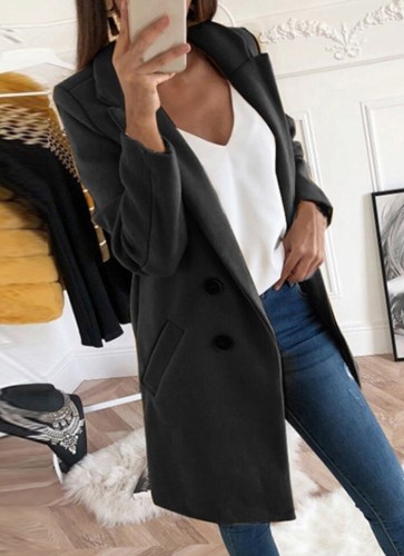 Black Turndown Collar Double Breast Long Coat with Pocket