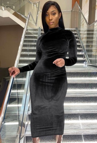 Black Velvet Long Sleeve Slim Fit Maxi Dress