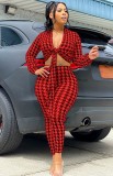 Print Red knotted V-Neck Crop Top and Fitted Pants 2PCS Set