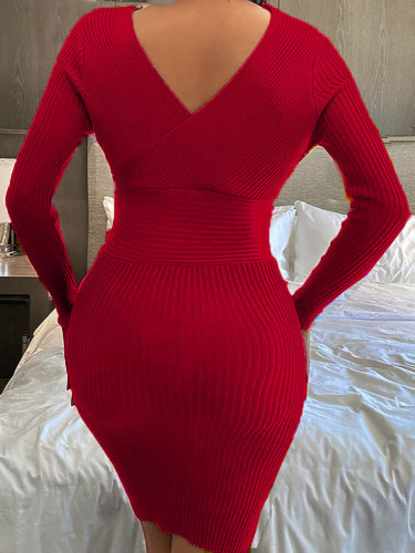 Red Ribbed V-Neck High Waist Short Dress