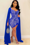 Blue Rhinestone Long Sleeves Slinky Mini Cocktail Dress