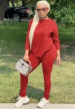 Red O-Neck Loose Top and Tight Pants 2PCS Set