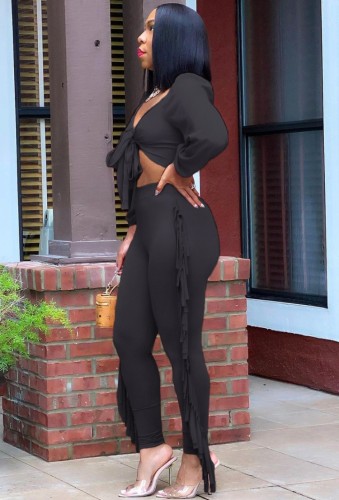 Black Knotted Crop Top and Ruffles Pants 2PCS Set