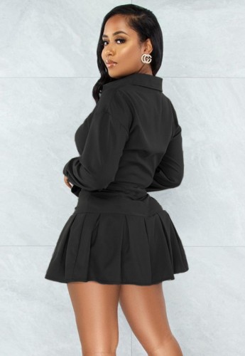 Black Knotted Blouse and Pleated Skirt 2PCS Set