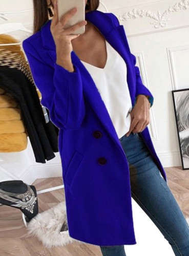 Blue Turndown Collar Double Breast Long Coat with Pocket