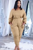 Khaki Long Sleeves Loose Jumpsuit with Pockets