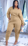 Khaki Long Sleeves Loose Jumpsuit with Pockets