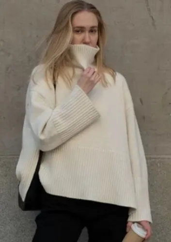 Beige Print High Neck Oversize Knit Pullover