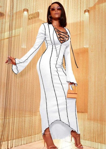 White Ribbed Sexy Lace-Up Long Dress