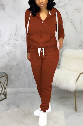 Brown Zipper Hooded Two Piece Tracksuit