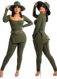 Green Square Neck Slit Top and Pants Solid 2PCS Set