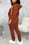 Brown Zipper Hooded Two Piece Tracksuit