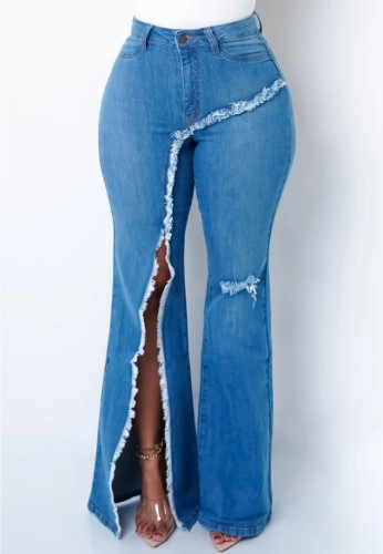 Blue Fashion Asymmetric Slit High Waist Flare Jeans