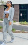 Grey Casual Hooded Zipper Tracksuit
