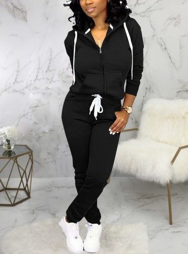 Black Zipper Hooded Two Piece Tracksuit