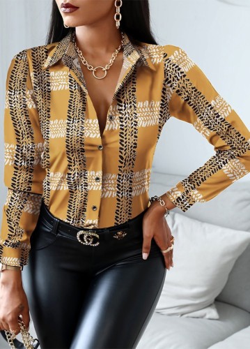Print Button Up Long Sleeve Blouse
