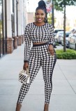 Houndstooth Print Crop Top and Pants Fitted 2PCS Set
