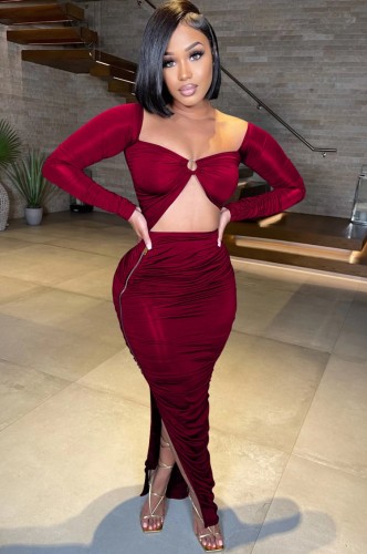 Burgundy Cut Out Ruched O-Ring Slit Maxi Dress