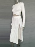 White Elegant Knit Crop Top and Slit Pleated Midi Skirt 2PCS Set