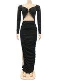 Black Cut Out Ruched O-Ring Slit Maxi Dress