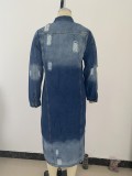 Dark Blue Ripped Long Denim Coat