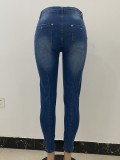 Stylish Blue Button Up Ripped High Waist Jeans