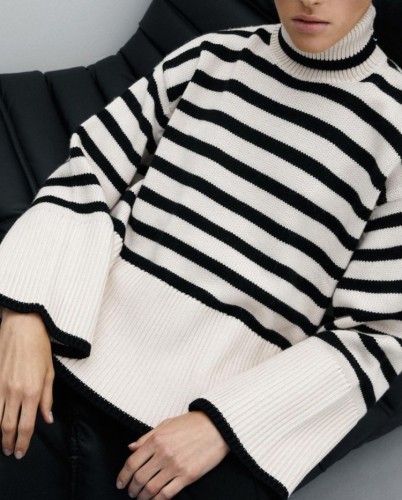 Stripes Print High Neck Oversize Knit Pullover