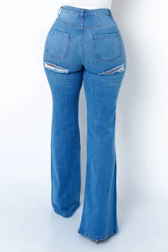 Blue Fashion Asymmetric Slit High Waist Flare Jeans