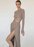 Khaki Elegant Knit Crop Top and Slit Pleated Midi Skirt 2PCS Set