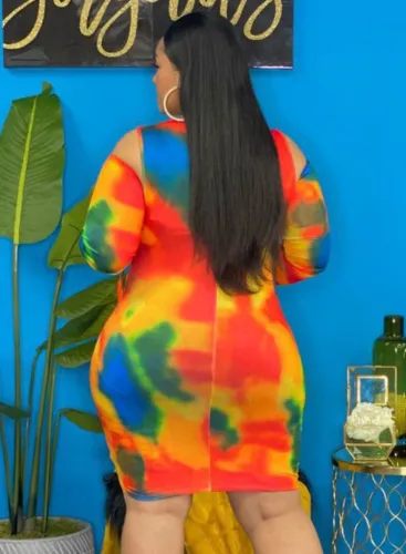 Tie Dye Print Drawstring Ruched Cold Shoulder Bodycon Dress