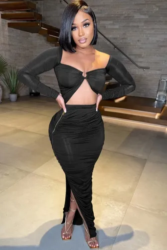Black Cut Out Ruched O-Ring Slit Maxi Dress
