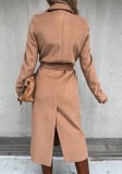 Khaki Turndown Collar Long Coat with Belt