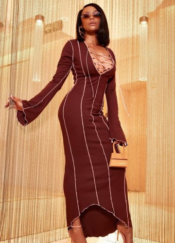 Burgunry Ribbed Sexy Lace-Up Long Dress