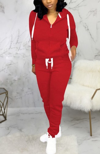 Red Zipper Hooded Two Piece Tracksuit