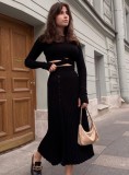 Black Elegant Knit Crop Top and Slit Pleated Midi Skirt 2PCS Set