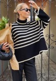 Stripes Print High Neck Oversize Knit Pullover