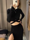 Black Elegant Knit Crop Top and Slit Pleated Midi Skirt 2PCS Set