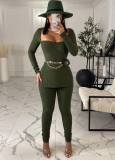 Green Square Neck Slit Top and Pants Solid 2PCS Set